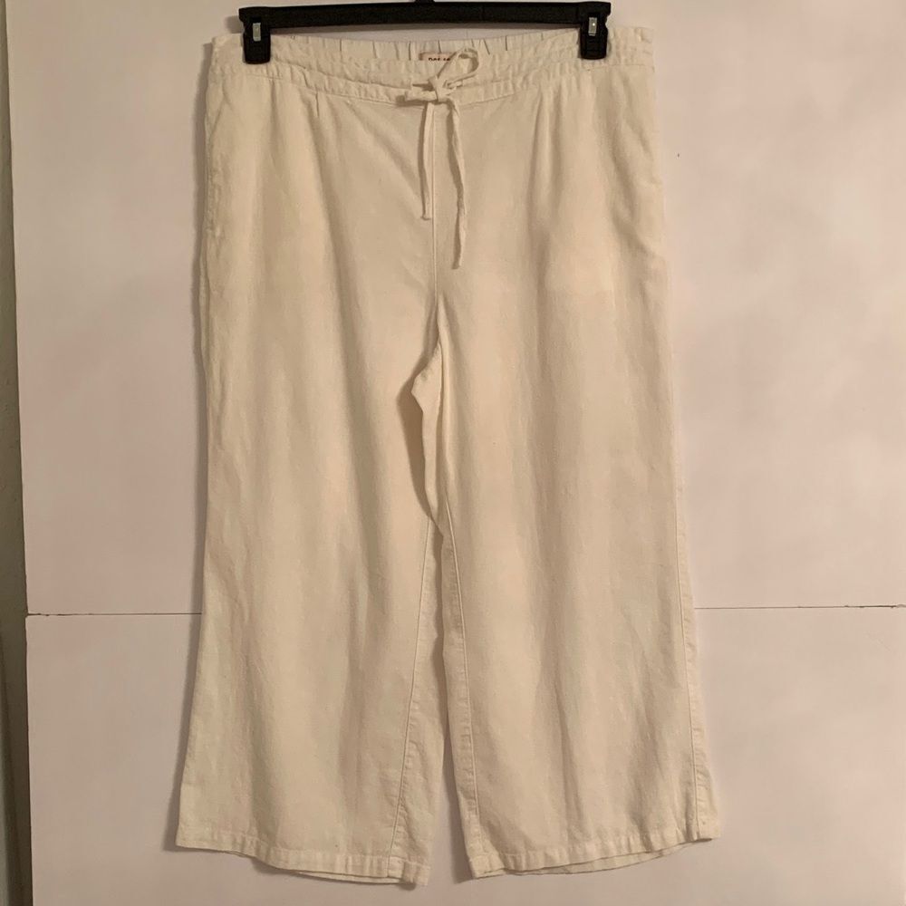 Per Se Women Linen Blend Drawstring Pockets Wide Leg White Crop Pants Size XL